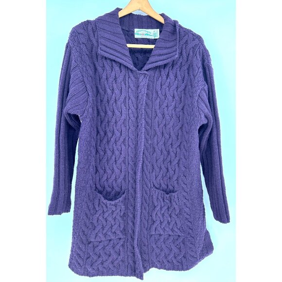 Aran Crafts Womens XL Purple Cable Knit Cardigan100% Merino Wool Made In Ireland - Picture 1 of 11